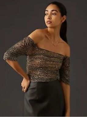 ANTHROPOLOGIE Shirred Mesh Leopard Print Top